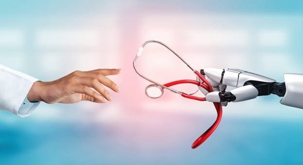 A human hand reaches toward a robotic hand holding a stethoscope, symbolizing collaboration between humans and AI in healthcare for a smarter, healthier future.