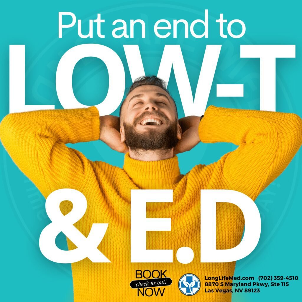 A smiling man in a yellow sweater leans back with hands behind his head in front of text promoting mobile treatment for low testosterone and erectile dysfunction. Clinic contact details are shown.