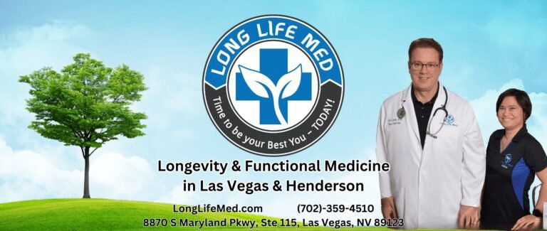 Two medical professionals stand beside the Long Life Med logo, with clinic contact details, services, and a schedule available for mobile users—all set against a calming green landscape background.