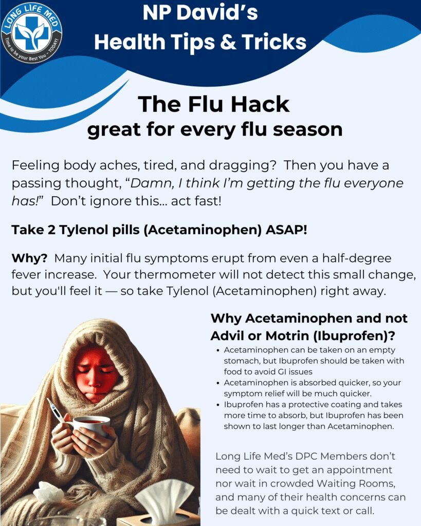 🦠 𝐓𝐡𝐞 𝐅𝐥𝐮 𝐇𝐚𝐜𝐤: 𝐆𝐫𝐞𝐚𝐭 𝐟𝐨𝐫 𝐞𝐯𝐞𝐫𝐲 𝐟𝐥𝐮 𝐬𝐞𝐚𝐬𝐨𝐧! 🤧 Feeling body aches, tired, and dragging? Then you have a passing thought: "Damn, I think I’m getting the flu everyone has!" Don’t ignore this… act fast! 💊 𝐓𝐚𝐤𝐞 𝟐 𝐓𝐲𝐥𝐞𝐧𝐨𝐥 𝐩𝐢𝐥𝐥𝐬 (𝐀𝐜𝐞𝐭𝐚𝐦𝐢𝐧𝐨𝐩𝐡𝐞𝐧) 𝐀𝐒𝐀𝐏! 🔹 Why? Many flu symptoms erupt from even a half-degree fever increase. Your thermometer won’t detect this small change, but you'll feel it—so take Tylenol (Acetaminophen) immediately! 🤔 𝐖𝐡𝐲 𝐀𝐜𝐞𝐭𝐚𝐦𝐢𝐧𝐨𝐩𝐡𝐞𝐧 𝐚𝐧𝐝 𝐧𝐨𝐭 𝐈𝐛𝐮𝐩𝐫𝐨𝐟𝐞𝐧? ✅ Acetaminophen is absorbed quicker, meaning your symptom relief will be faster! ✅ Can be taken on an empty stomach, unlike Ibuprofen, which must be taken with food to avoid GI issues. ✅ Ibuprofen has a protective coating, which takes longer to absorb, so relief takes longer! 💡 𝐎𝐤𝐚𝐲, 𝐖𝐡𝐚𝐭’𝐬 𝐭𝐡𝐞 𝐫𝐢𝐠𝐡𝐭 𝐝𝐨𝐬𝐚𝐠𝐞? 💊 Regular Strength: 650 mg (2 pills at 325 mg each) 💊 Extra Strength: 1,000 mg (2 pills at 500 mg each) 💡 All adults should take at least 650 mg but can take up to 1,000 mg in one dose. 💡 If you only have Extra Strength but don’t want to take too much, take 1.5 pills (750 mg)—it’s very effective! ⚠️ 𝐈𝐦𝐩𝐨𝐫𝐭𝐚𝐧𝐭 𝐍𝐨𝐭𝐞: If you have liver failure, cirrhosis, hepatitis, or another chronic liver condition, choose Ibuprofen instead since Acetaminophen is processed by the liver, while Ibuprofen is mainly handled by the kidneys.