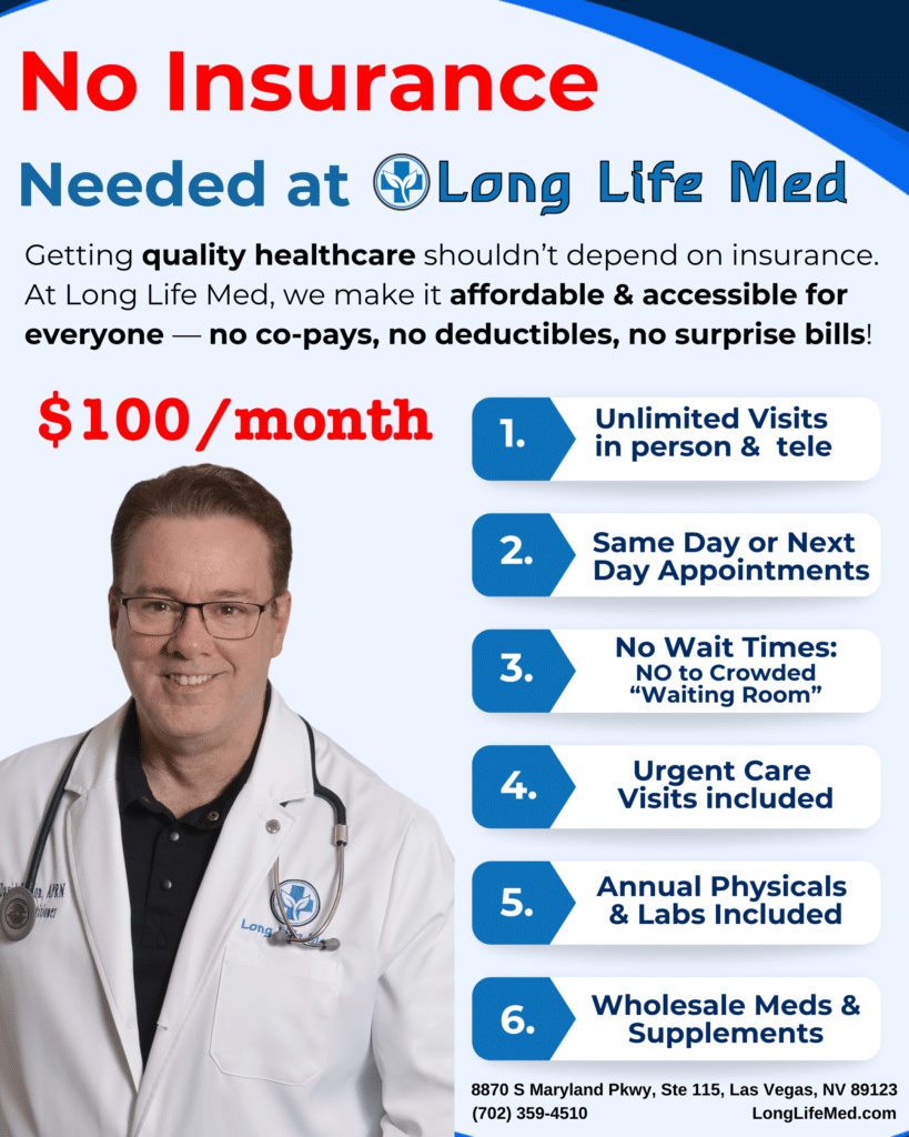 No Insurance Needed. A promotional flyer for Long Life Med’s affordable Direct Primary Care (DPC) services. The image features David Linton, NP, in a white coat, smiling and pointing at the text that highlights the benefits of DPC for $100/month or $1,000/year, including unlimited in-clinic and tele visits, direct text messaging with your provider, urgent care, wholesale medications, and no insurance required. The Long Life Med logo and contact details are placed at the bottom.