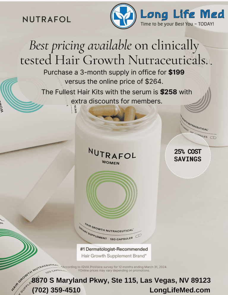 A high-quality image featuring Nutrafol Women’s Hair Growth Supplement with text overlay highlighting the exclusive in-office discount at Long Life Med. The image includes pricing details and a "25% cost savings" badge. Contact info is listed at the bottom.