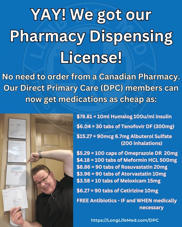 We got our Pharmacy Dispensing License! A smiling healthcare provider (David) wearing scrubs excitedly points at framed Pharmacy Dispensing Licenses on the wall. The post highlights ultra-low wholesale medication costs for DPC members, including specialty medications like Tenofovir DF for just $6.04. The clinic’s contact details are included at the bottom.