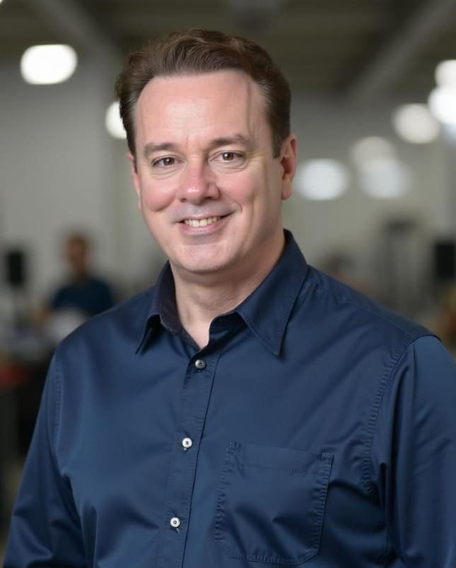 David Linton, Nurse Practitioner, with short brown hair and a dark blue button-up shirt, smiles at the camera in an indoor setting with a blurred background—an approachable presence in the field of Functional Medicine and Direct Primary Care.