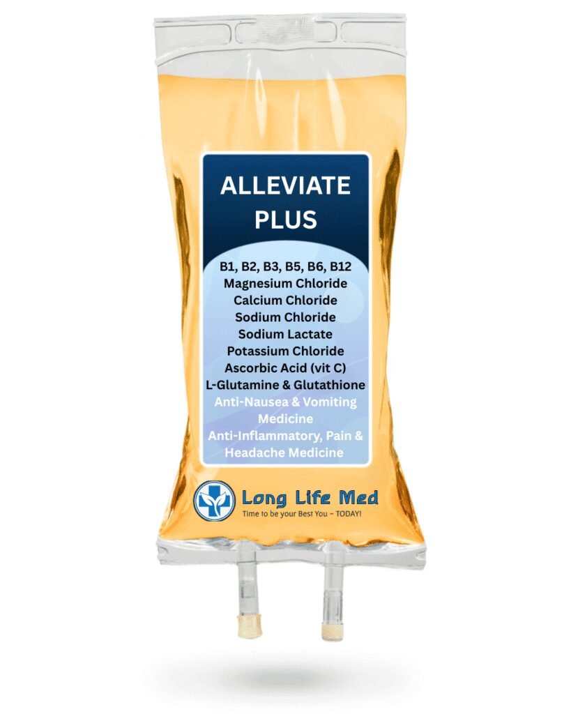 Alleviate Plus IV therapy bag for advanced migraine and pain relief at Long Life Med in Las Vegas featuring magnesium, Toradol or migraine cocktail, and antioxidant support