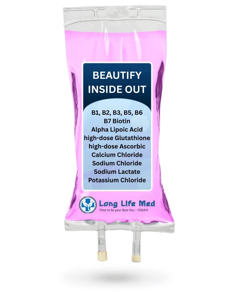 Beautify Inside and Out IV Drip by Long Life Med – a bright pink IV infusion bag labeled with antioxidant-rich ingredients including Alpha Lipoic Acid, Glutathione, high-dose Vitamin C (Ascorbic Acid), and key electrolytes like Calcium Chloride, Sodium Chloride, Sodium Lactate, and Potassium Chloride. Formulated to promote brighter skin, melasma support, and cellular detoxification. Branded with the Long Life Med logo and tagline: 'Time to be your Best You — TODAY!'