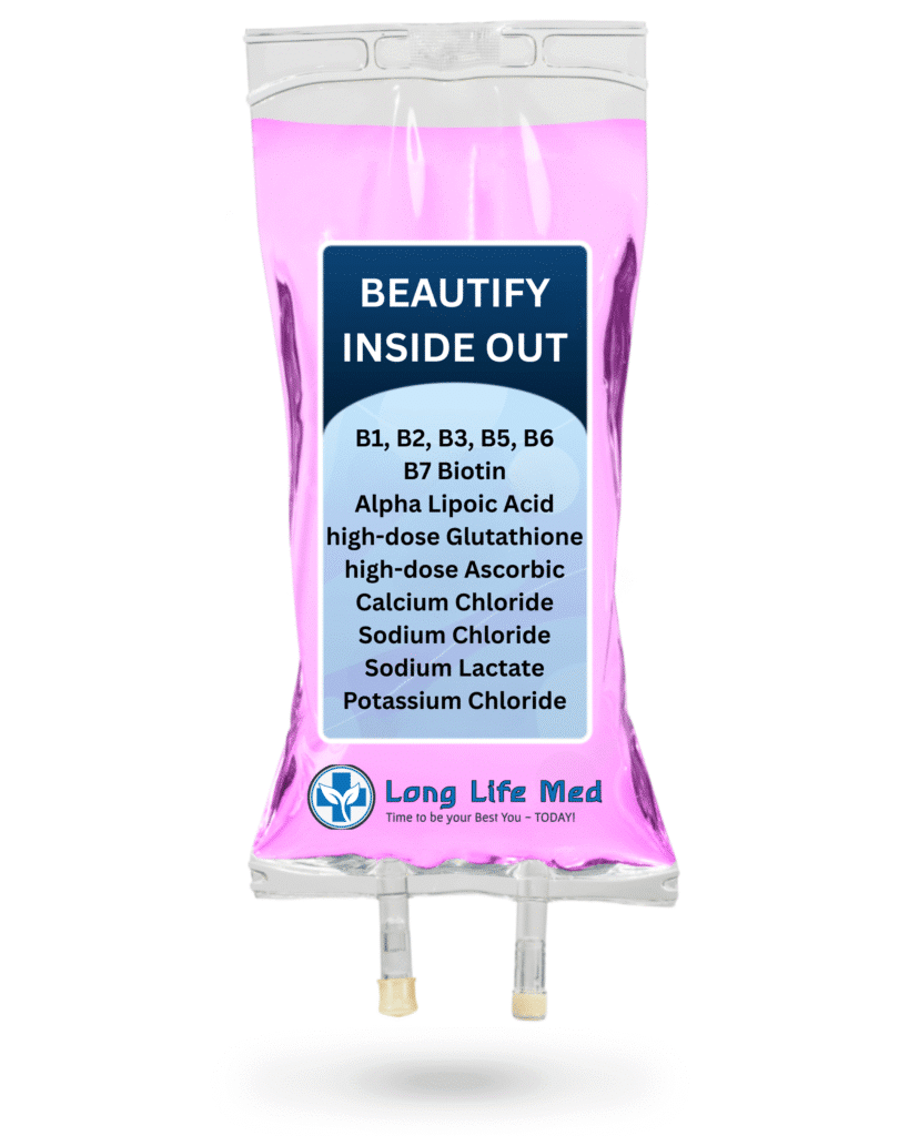 Snow Bright IV Drip by Long Life Med – a bright pink IV infusion bag labeled with antioxidant-rich ingredients including Alpha Lipoic Acid, Glutathione, high-dose Vitamin C (Ascorbic Acid), and key electrolytes like Calcium Chloride, Sodium Chloride, Sodium Lactate, and Potassium Chloride. Formulated to promote brighter skin, melasma support, and cellular detoxification. Branded with the Long Life Med logo and tagline: 'Time to be your Best You — TODAY!'