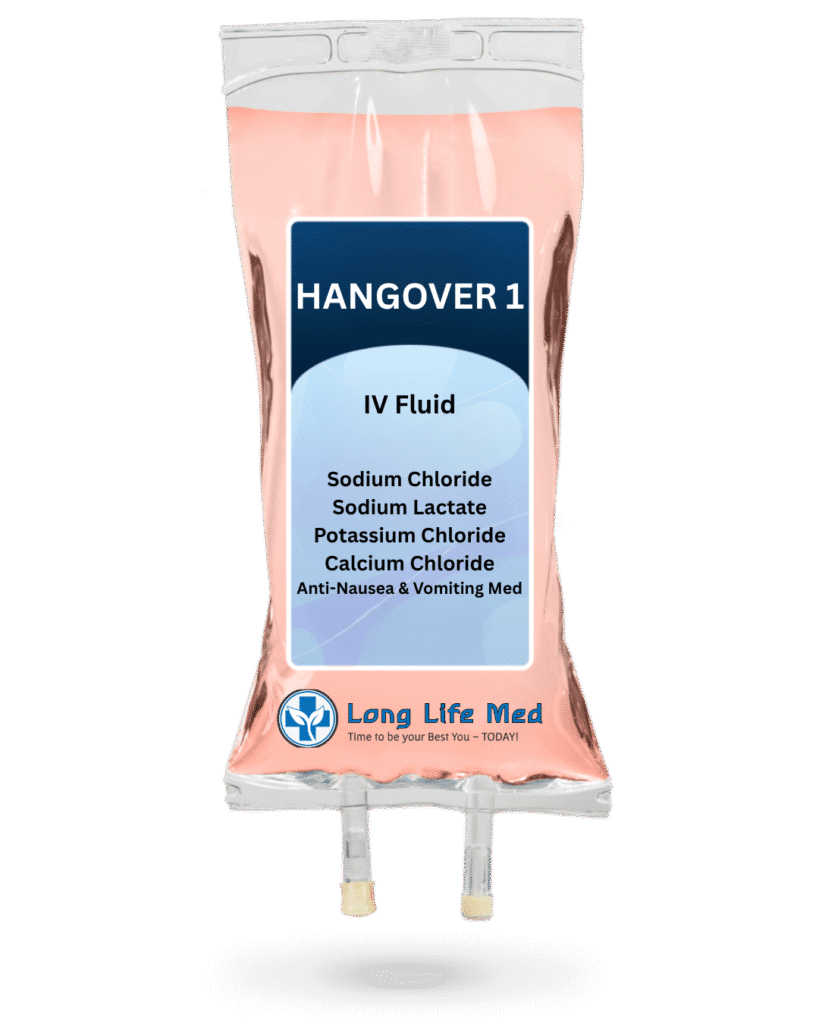 Hangover 1 IV therapy bag with ondansetron and 1000ml Lactated Ringer’s electrolyte base, used for fast nausea relief and rehydration after alcohol overuse.