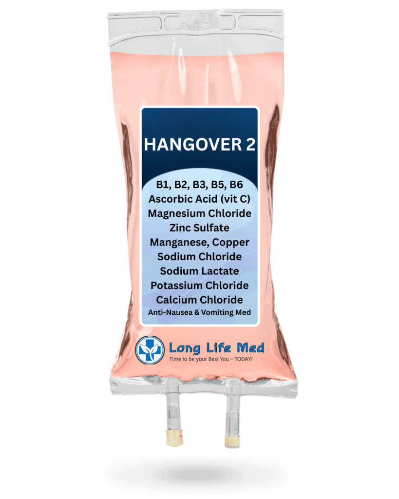 IV bag labeled Hangover 2 with vitamins, electrolytes, and anti nausea medication—supports rapid hangover recovery