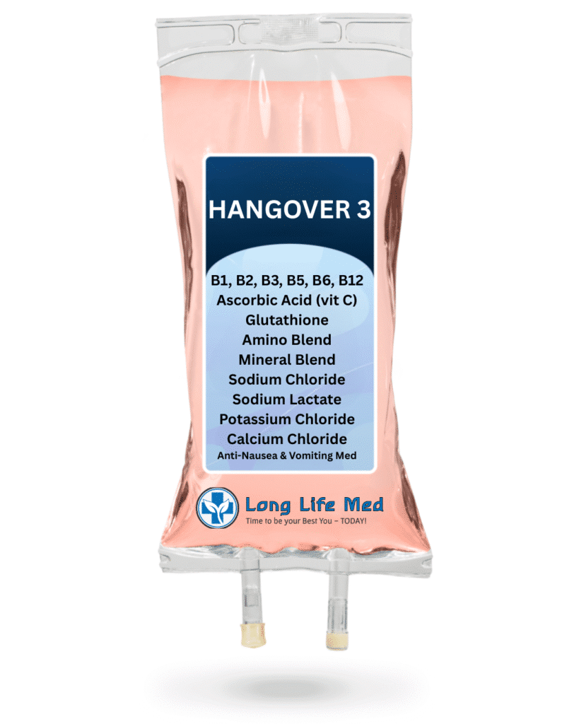 Hangover 3 IV therapy drip bag from Long Life Med shown with rich golden color, designed to relieve hangovers, nausea, and fatigue with hydration, B vitamins, and antioxidants in Las Vegas.