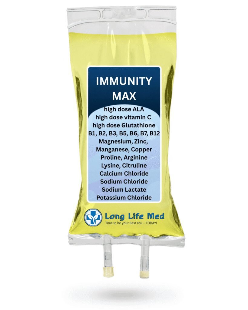 Bright IV setup with Immunity Drip signage, oranges, and nutrient symbols. Highlights Long Life Med’s advanced IV therapy for cold, flu, immune fatigue, and antioxidant repair in Las Vegas.