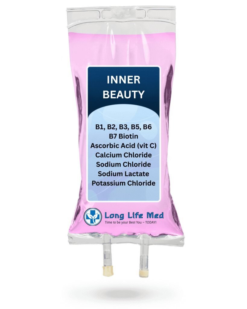 IV therapy bag titled "Inner Beauty" with ingredients like B7 Biotin, B1–B6 Vita blend, and Vitamin C — used to support collagen, hydration, and aesthetic health.