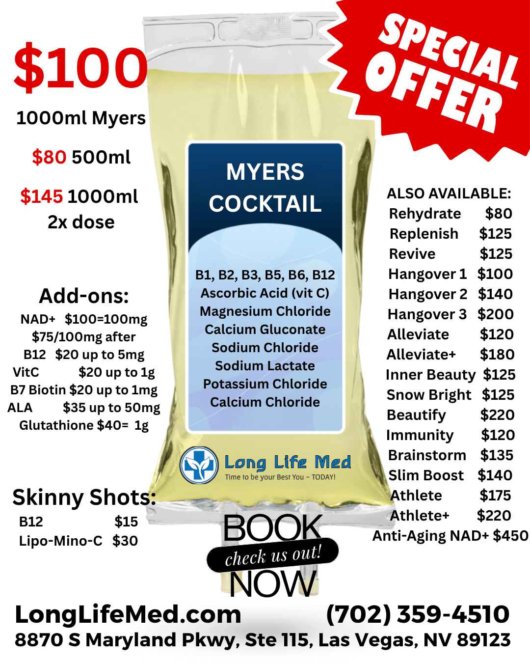 Promotional flyer for Long Life Med advertising Myers Cocktail IV therapy from Longevity Medicine, with prices of other IV Drips and add-ons including skinny shots, and contact info. Red "Special Offer" banner shown. Schedule your IV Drip session today!.