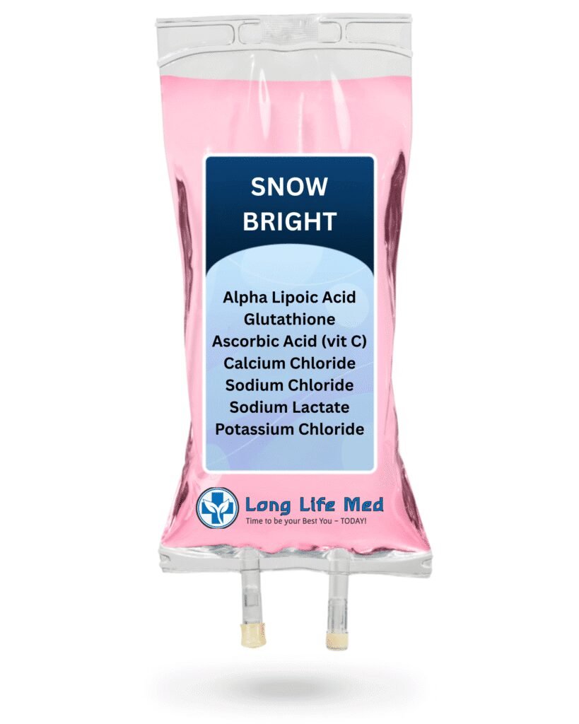 Snow Bright IV Drip by Long Life Med – a bright pink IV infusion bag labeled with antioxidant-rich ingredients including Alpha Lipoic Acid, Glutathione, high-dose Vitamin C (Ascorbic Acid), and key electrolytes like Calcium Chloride, Sodium Chloride, Sodium Lactate, and Potassium Chloride. Formulated to promote brighter skin, melasma support, and cellular detoxification. Branded with the Long Life Med logo and tagline: 'Time to be your Best You — TODAY!'
