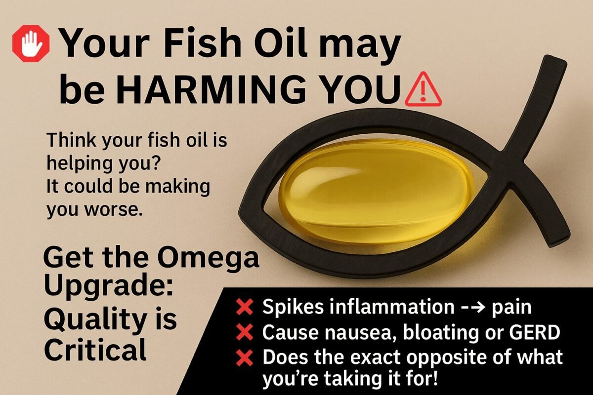 Las Vegas health warning graphic from Long Life Med showing a golden Omega-3 capsule inside a black ichthys symbol. Text warns that poor-quality fish oil may cause pain, nausea, or bloating and do the exact opposite of its intended benefits. Highlights the need to 'Get the Omega Upgrade: Quality is Critical'—promoting pharmaceutical-grade fish oil for Henderson and Las Vegas residents seeking inflammation relief and better supplement results