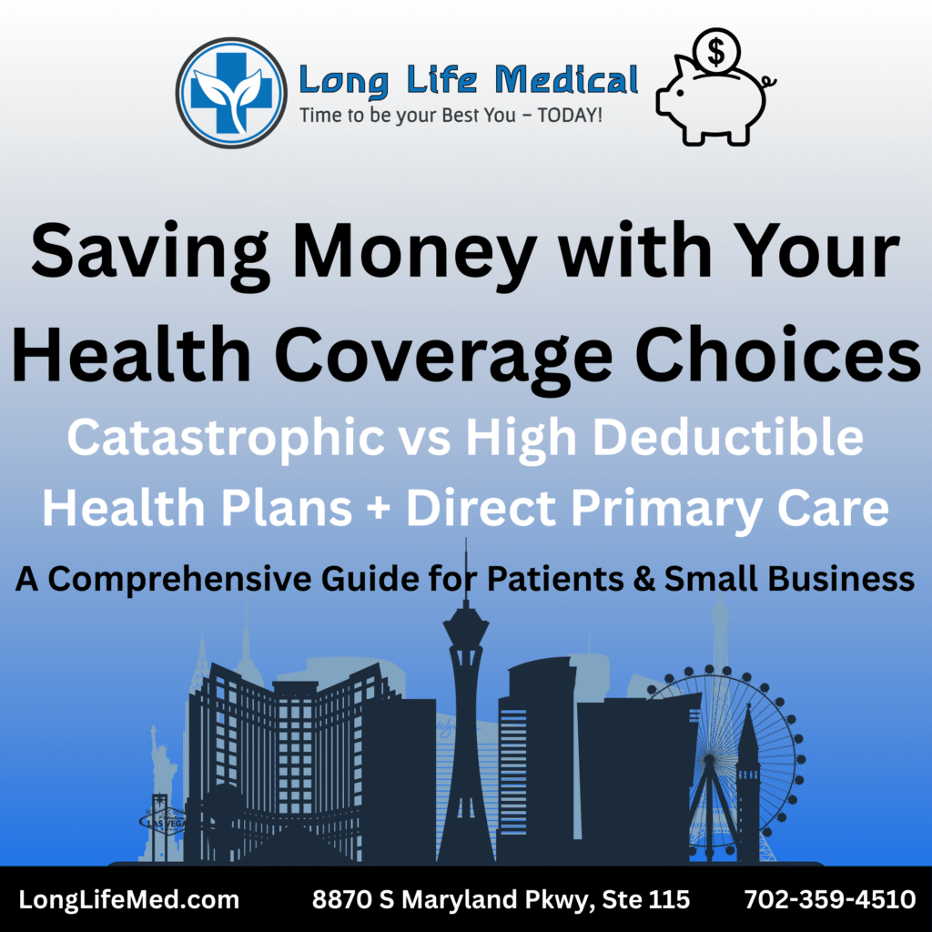 Long Life Medical promotional graphic featuring the Las Vegas skyline, piggy bank, and healthcare icons with the headline ‘Saving Money with Your Health Coverage Choices.’ Subheading highlights catastrophic vs high deductible health plans with Direct Primary Care in Las Vegas. Contact information for Long Life Med included at the bottom.