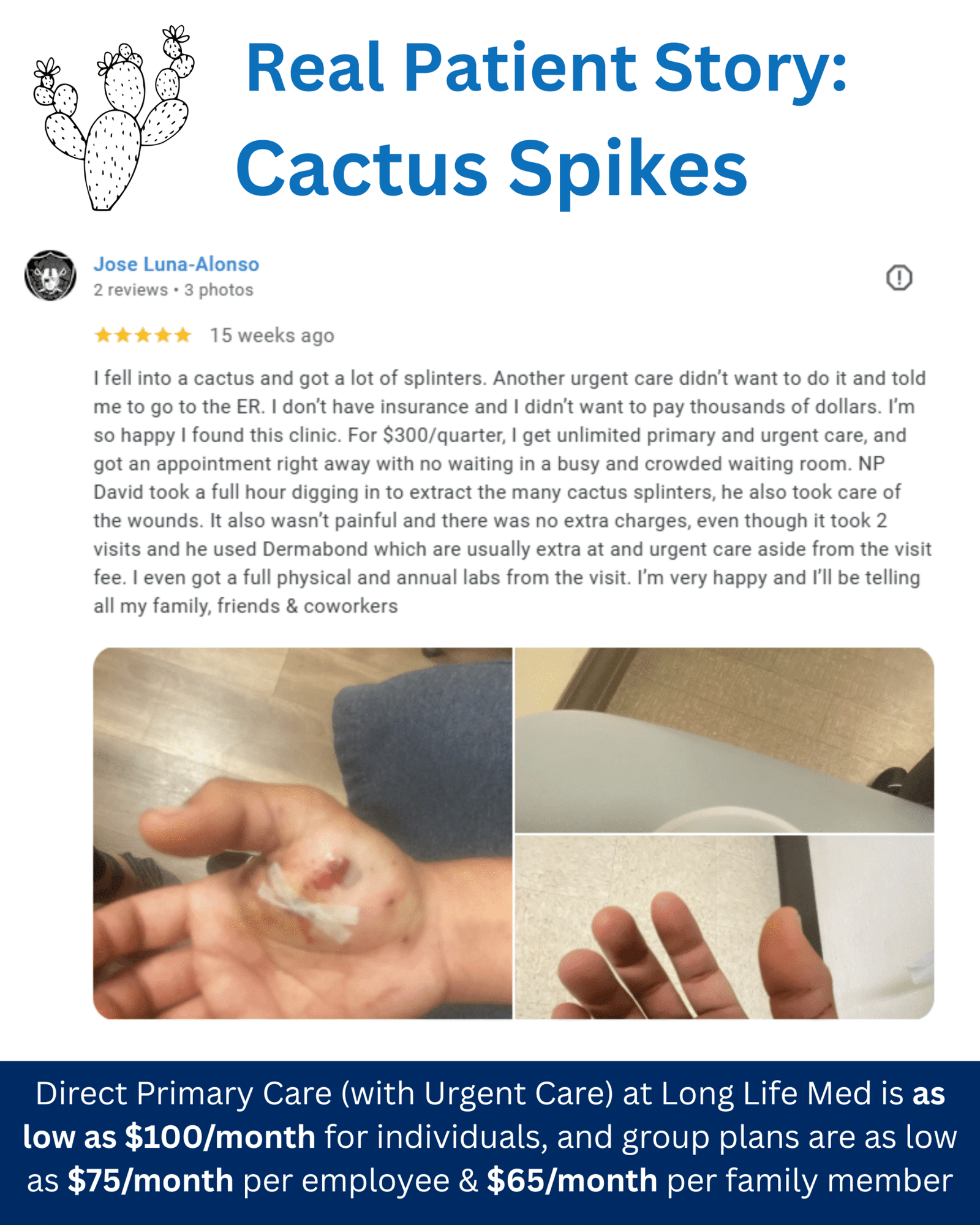 Infographic featuring a real patient story about cactus injury treatment at Long Life Med Direct Primary Care in Las Vegas. The patient was turned away by another urgent care and told to go to the ER. At Long Life Med, NP David carefully removed dozens of cactus splinters, cleaned and dressed the wound, and provided follow-up care — all included with membership. Highlights: no waiting, no copays, antibiotics and lidocaine included when medically needed, and affordable DPC membership pricing.