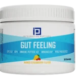 Gut Feeling – Mango Strawberry Flavor comes in a white container, highlighting 30 servings and key peptide and prebiotic ingredients on the label.