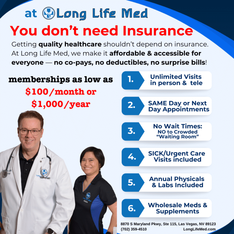 David Linton NP promoting Long Life Med’s Direct Primary Care membership with unlimited visits, same-day appointments, urgent care, annual labs, and wholesale medications for $100 per month