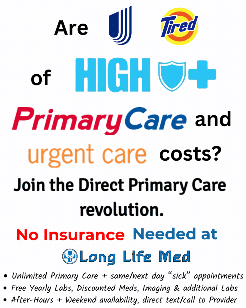 Text-based advertisement comparing high costs of primary and urgent care, promoting Direct Primary Care with no insurance needed at Long Life Med, and listing included benefits.