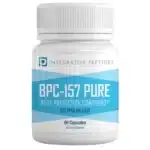 White bottle labeled "BPC-157 Pure Delayed Release, 60 Capsules" from Integrative Peptides.