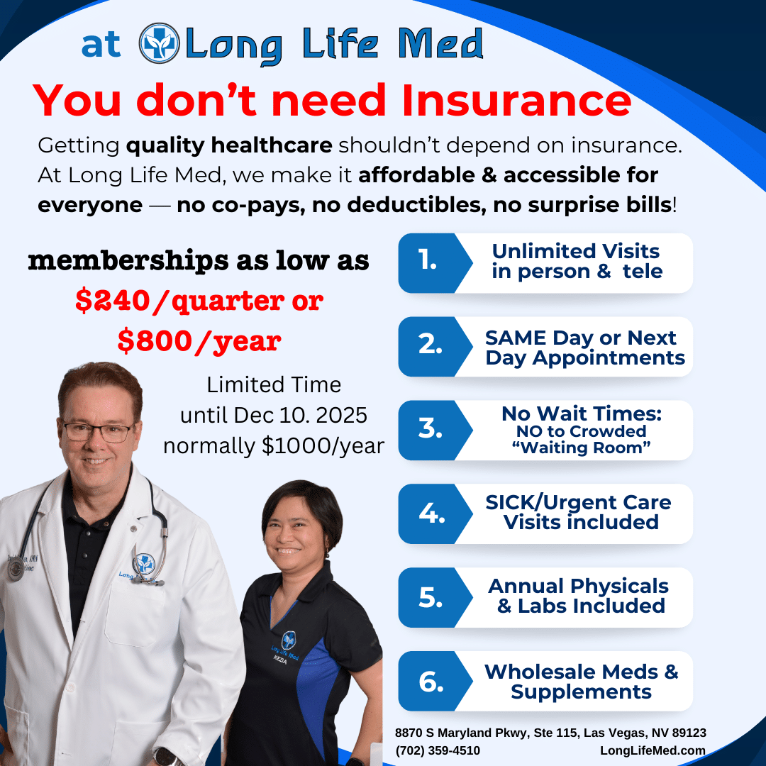 Two healthcare professionals stand before a blue background with text highlighting affordable Long Life Med memberships, featuring Health Insurance Alternatives, benefits, and pricing details.