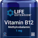 A blue bottle labeled "Life Extension Vitamin B12 Methylcobalamin 1 mg" contains 60 vegetarian lozenges, is a non-GMO dietary supplement, and can be paired with "Vitamins D and K with Sea-Iodine™" for thorough nutritional support.