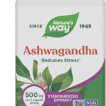 A bottle of Ashwagandha with 60 vegan capsules, 500 mg per serving, Non-GMO Project Verified, designed to help reduce stress.