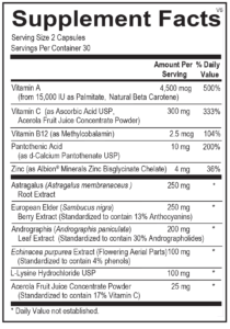 MitoCORE® Supplement Facts label lists vitamins, minerals, and herbal extracts per 2-capsule serving, includes % daily values for each nutrient, with asterisks marking ingredients that don't have established daily values.