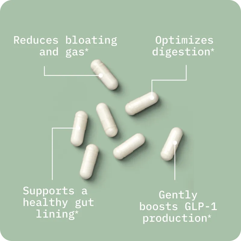 Seven white capsules are arranged on a green background, showcasing BodyBio PC—a Phospholipid Complex that reduces bloating and gas, optimizes digestion, supports gut lining, and boosts GLP-1 production.
