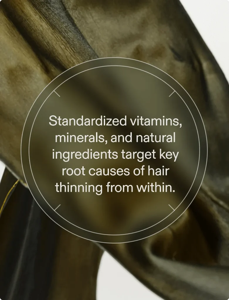 Text overlay on an olive-green satin fabric background reads, "Fullest Hair Kit uses standardized vitamins, minerals, and natural ingredients to address the root causes of hair thinning from within.
