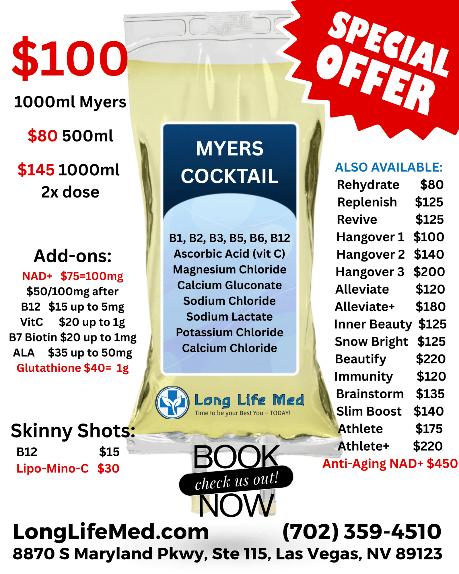 Promotional image of Myers Cocktail IV therapy bag showing vitamin and mineral ingredients, special pricing for 500ml and 1000ml options, and IV therapy menu at Long Life Med in Las Vegas.