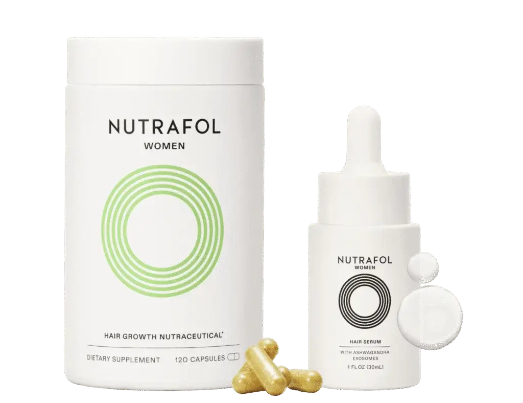 The Fullest Hair Kit, featuring a bottle of Nutrafol Women hair growth capsules with several capsules placed nearby, is displayed alongside a Nutrafol hair serum dropper bottle, all set against a plain background.