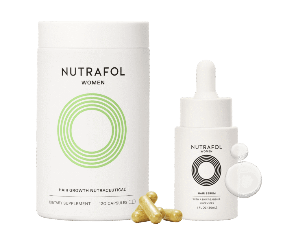 The Fullest Hair Kit is shown featuring a container of Nutrafol Women hair growth supplement capsules and a dropper bottle of Nutrafol hair serum, with capsules and serum drops displayed in front.