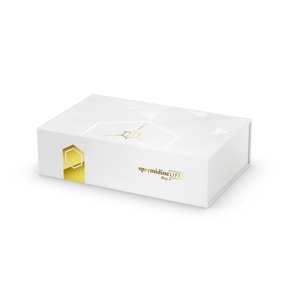 A rectangular white box labeled "spermidineLIFE® Pro+ 4300mg 30-Pack" with gold accents sits on a plain white background, highlighting this premium spermidine supplement.