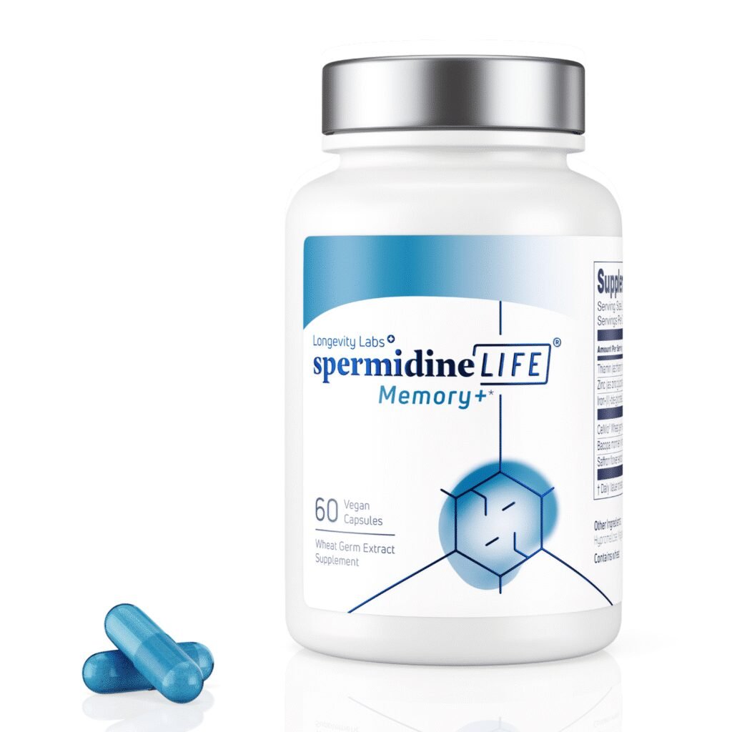 A white bottle labeled "spermidineLIFE® Pro+ 4300mg 30-Pack," a premium spermidine supplement, is shown on a white background next to two blue capsules.