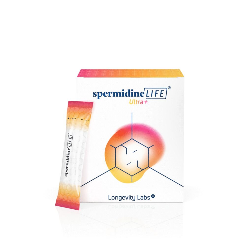 Box and single sachet of spermidineLIFE® Pro+ 4300mg 30-Pack supplement, featuring geometric and gradient design elements by Longevity Labs.