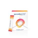 Box and single sachet of spermidineLIFE® Pro+ 4300mg 30-Pack supplement, featuring geometric and gradient design elements by Longevity Labs.