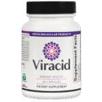 A white bottle labeled "Viracid" dietary supplement, containing 60 capsules, designed to support immune health by Ortho Molecular Products.