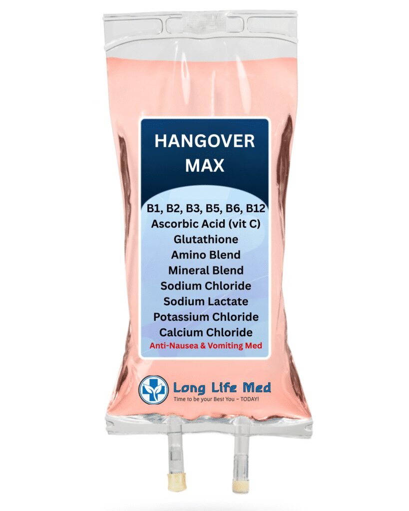 Long Life Med Hangover Max IV drip bag with B vitamins, Vitamin C, Glutathione, amino acids, minerals, and anti-nausea meds – $220 Max variation for rapid hangover recovery in Las Vegas