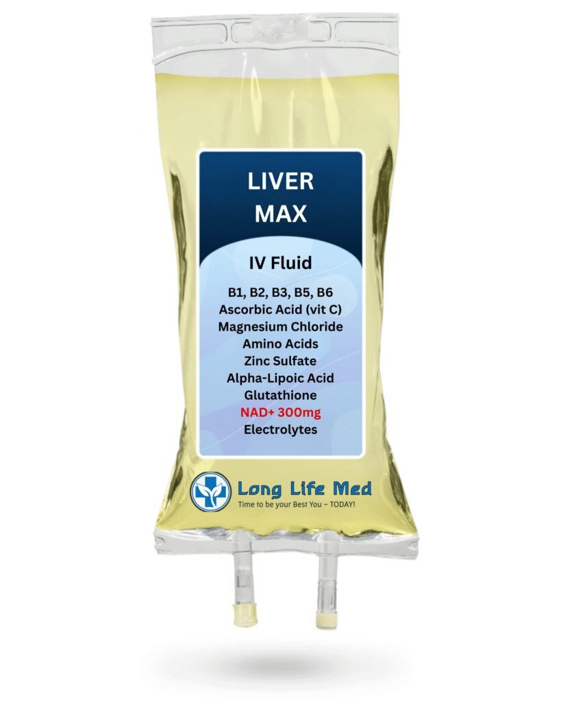 Liver Restore Max IV drip bag label with NAD+ 300mg at Long Life Med in Las Vegas.
