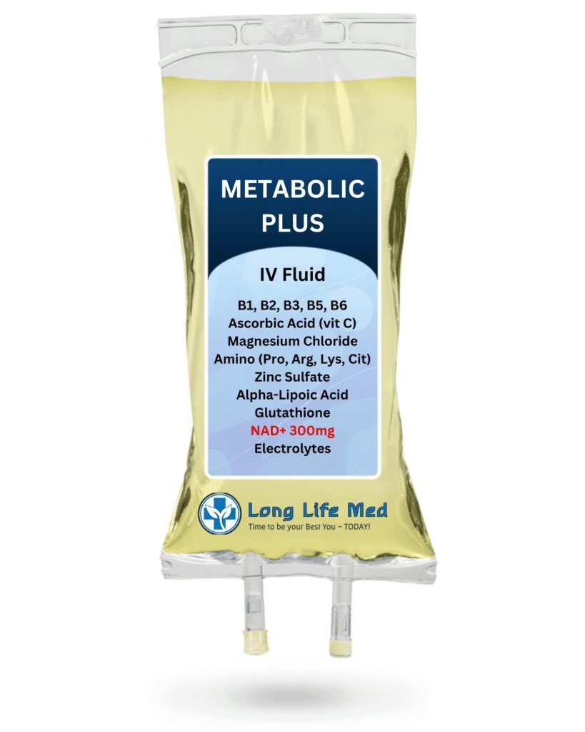 Metabolic Boost Plus IV drip bag label with NAD+ 300mg at Long Life Med in Las Vegas.