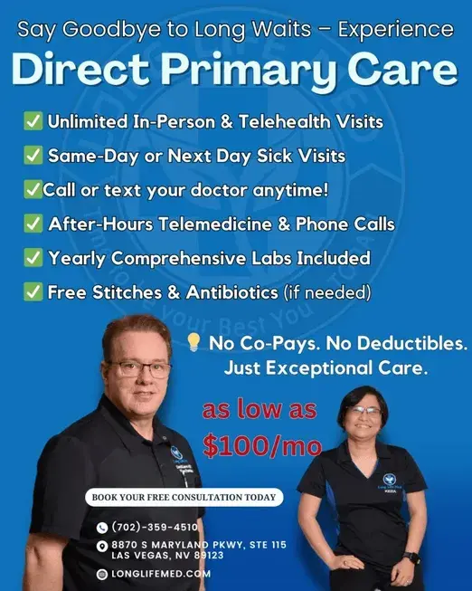 Flyer advertising direct primary care services, including functional medicine support. Lists benefits like unlimited visits, telehealth, same/next-day sick visits, after-hours access, and $100 monthly rate. Two staff members are pictured.