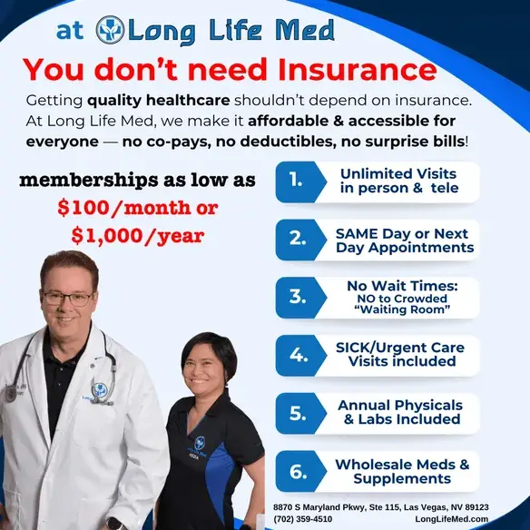 Promotional flyer for Long Life Med advertising affordable Direct Primary Care memberships starting at $100/month, featuring benefits like unlimited visits, same day appointments, no-wait times, urgent care, physicals, and labs.