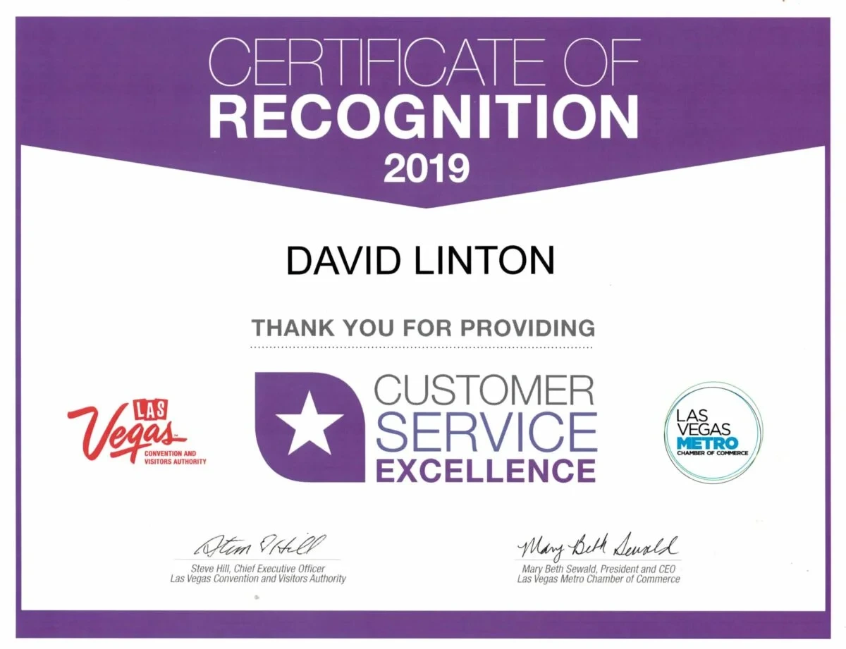 Certificate of Recognition 2019 awarded to David Linton for customer service excellence, with Las Vegas and chamber logos at the bottom.