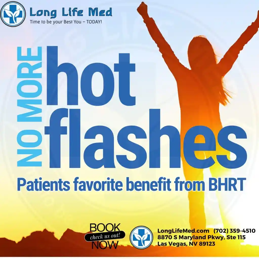 Silhouette of a woman with arms raised in front of a sunset, overlaid with text promoting relief from hot flashes as a benefit of BHRT from Long Life Med in Las Vegas. Schedule your consultation easily from any mobile device and take the first step toward comfort and balance.