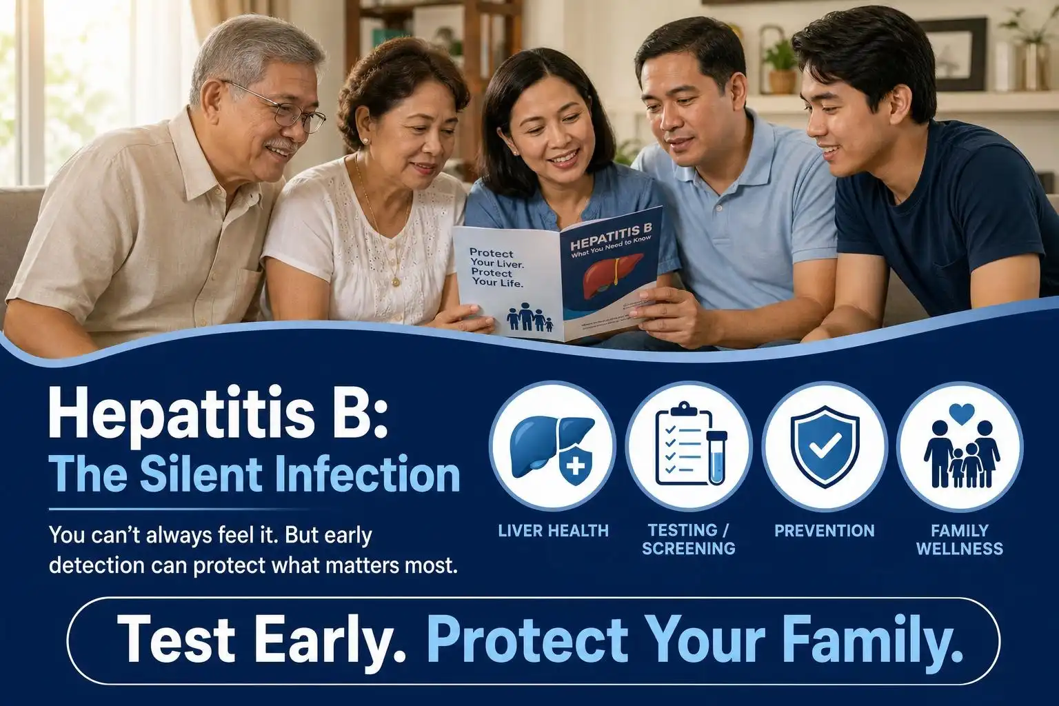 Five adults sit together looking at a Hepatitis B pamphlet. Informational text promotes early testing for family protection and highlights the importance of screening for this silent infection, liver health, prevention, and overall wellness.