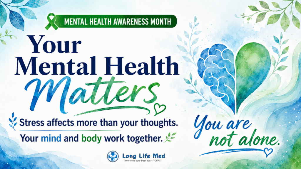 Long Life Med mental health awareness graphic for Las Vegas and Henderson patients with a supportive message that mental health is health, stress and burnout should not be ignored, and patients are not alone.