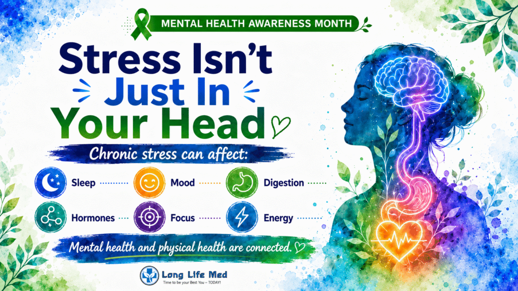 Long Life Med mental health awareness graphic for Las Vegas and Henderson patients showing that chronic stress can affect the brain, sleep, heart, gut, hormones, immune system, inflammation, weight, and energy.