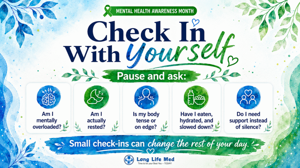 Long Life Med mental health awareness graphic for Las Vegas and Henderson encouraging patients to check in with themselves about stress, rest, body tension, hydration, nourishment, and emotional support.